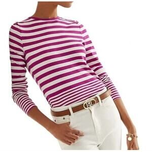 Lauren Ralph Striped Snap Trim Long Sleeve Top Shirt Sz Large Pink/Purple white